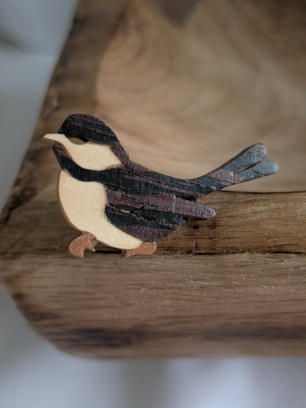 Vintage Mountain Chickadee Carved Wood Pin Brooch